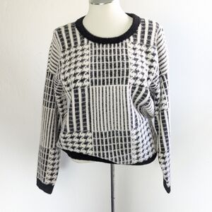Cyrus Black & White Patchwork-Pattern Crewneck Sweater